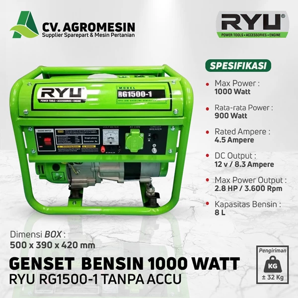Genset Bensin Generator Set 1000 Watt RYU RG1500-1 Tanpa Accu