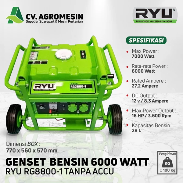 Genset Bensin Generator Set 6000 Watt RYU RG8800-1 Tanpa Accu